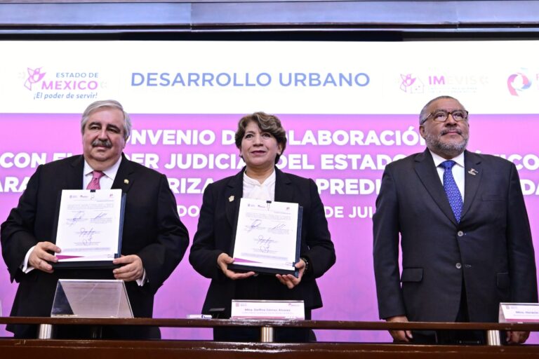 Gobernadora Delfina Gómez Álvarez firma convenio con el Poder Judicial para regularizar predios y viviendas a bajo costo en el Estado de México