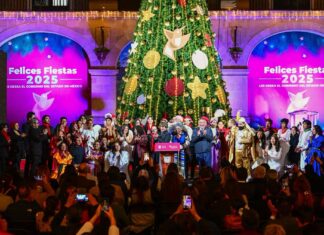 Encabeza Delfina Gómez el encendido del Árbol de Navidad en Palacio de Gobierno; destaca Horacio Duarte ambiente de unidad y servicio